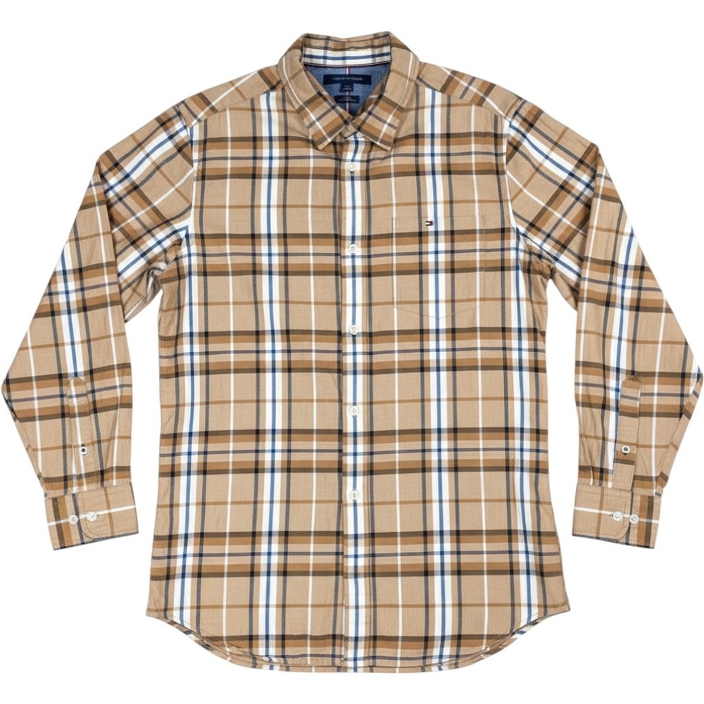 Tommy Hilfiger Plaid Button Down Shirt Mens Large Brown Slim Fit 78J7391
